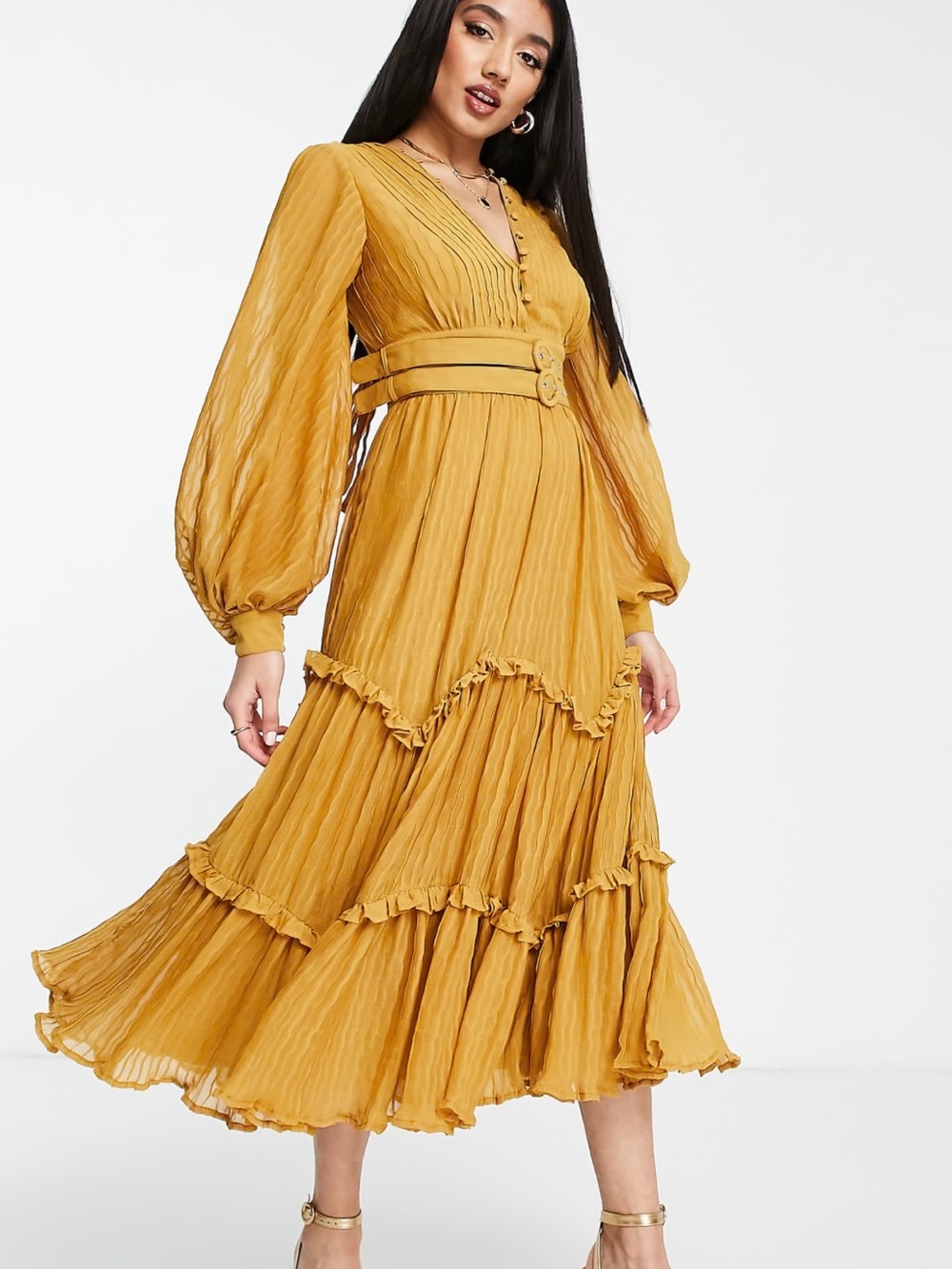 ASOS Tiered Mustard Midi Dress with Statement Belts